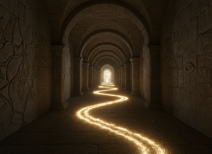 Hangulatos folyosó, fénycsíkkal jelzett úttal, az óvatosság jelképe.