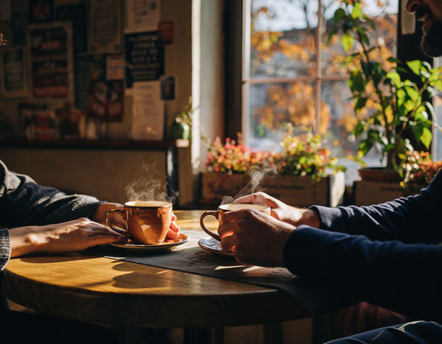 Két ember keze egy hangulatos budapesti kávézóban, kávéscsészéket tartva az asztalon