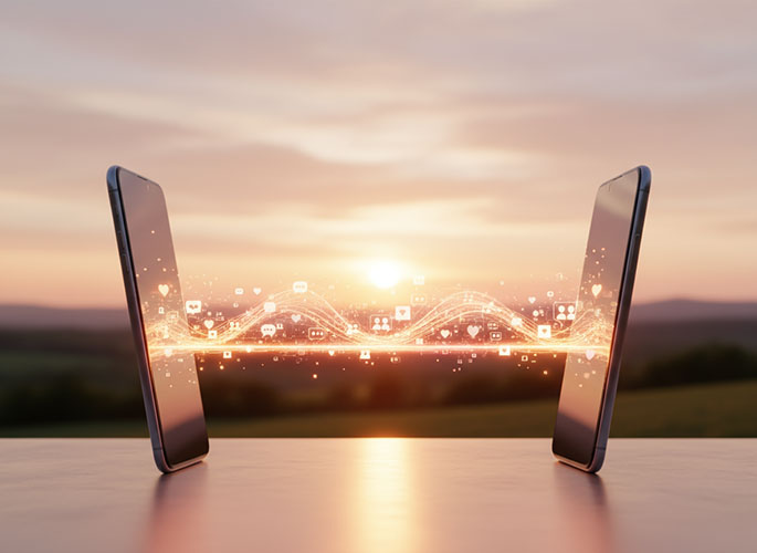 Két okostelefon között fényhíd szimbolizálja az online ismerkedés kapcsolatát.