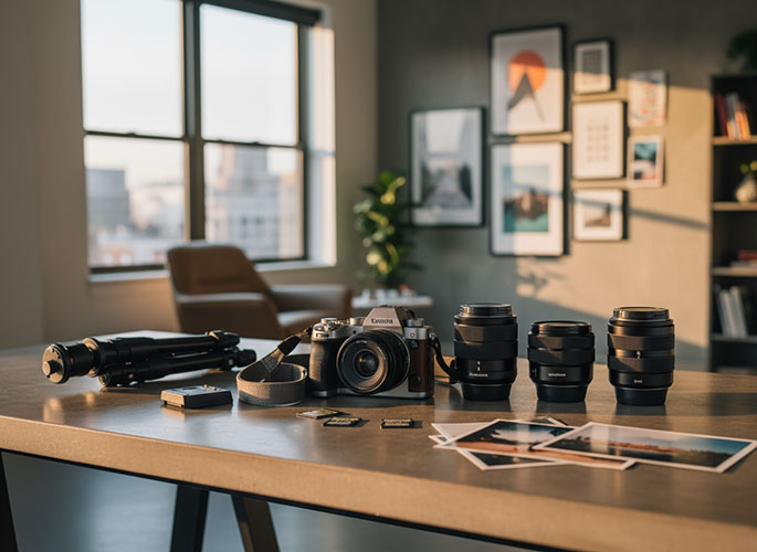 Fotós asztal fényképezőgéppel és objektívekkel.