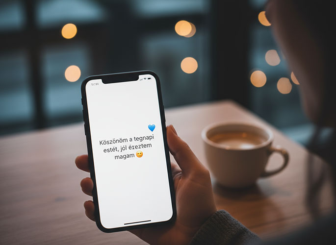 Okostelefon képernyő kedves üzenettel, női kéz tartja.