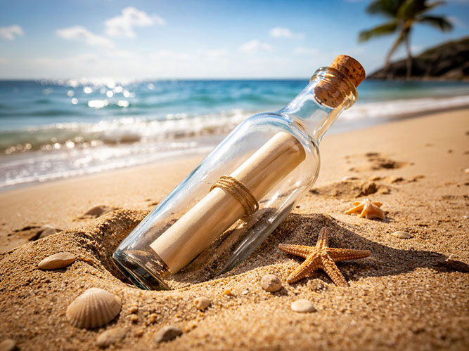 Palackposta a homokos tengerparton, amely az első üzenet egyszeri lehetőségét jelképezi